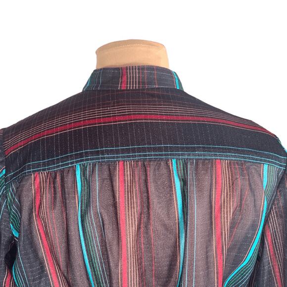 Vintage 80s Striped Sheer Blouse Black Burgundy Belted Waist Metallic Large - Picture 6 of 11